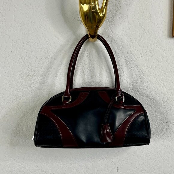 Prada Handbags - VTG Prada SS2000 RTW Bowler Black Merlor Burgundy Vitello Drive Bowling Bag Tote